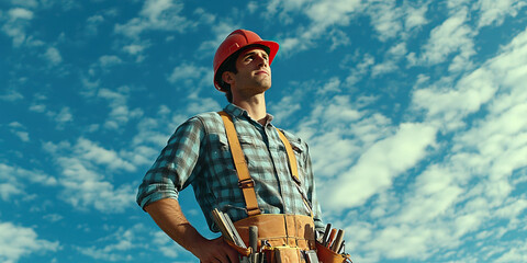 Wall Mural - Male Caucasian construction worker with hard hat and tool belt, framed against a blue sky background.