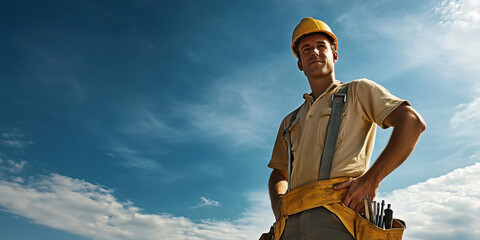 Wall Mural - Male Caucasian construction worker with hard hat and tool belt, framed against a blue sky background.