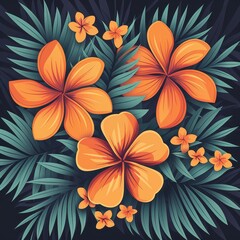 hawaiian tropical floral illustration featuring vibrant orange flowers and green leaves