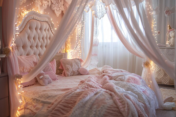 Wall Mural - A pink bedroom with a canopy bed and pink pillows, princess themed nursery room interior design