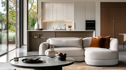 Wall Mural - A minimalist open plan living room with a white couch and a coffee table with kitchen