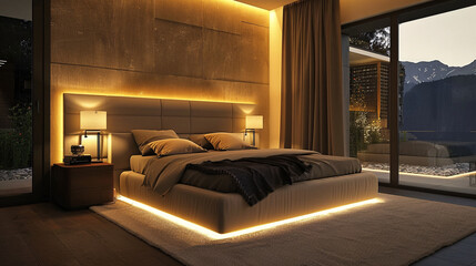 Wall Mural - Modern bedroom interior with a bed, nightstand, and ambient light