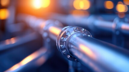 A close-up image of a shiny metal pipeline with bolts in a modern factory setting, emphasizing the advanced engineering, precision, and high-quality craftsmanship of industrial manufacturing.