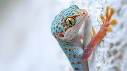 Wall Mural - A gecko clinging to a white wall, showing its delicate fingers and colorful skin