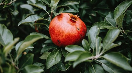 Sticker -   A close-up image of a pomegranate on a tree's branch, surrounded by leaves and a bug crawling