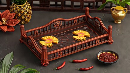 Wall Mural -   A tray of food sits atop a table, adjacent to a bowl of chilies and a pineapple