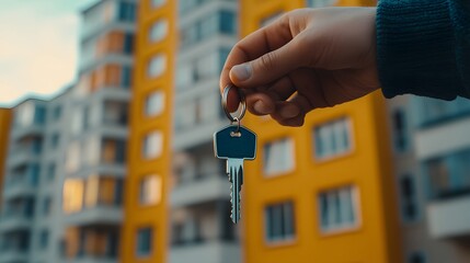 A person holding the keys to their new house, with a blurred background of an apartment building in yellow color