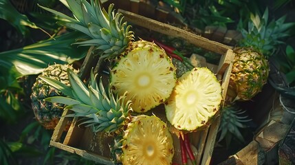 Canvas Print -   A group of pineapples occupies a box nearby some foliage and a pineapple