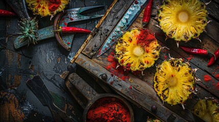 Sticker -   A table with fruit, a knife and a bowl of paint