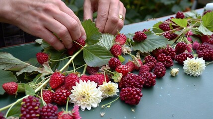 Canvas Print -   A close-up of a person cutting raspberries on a table with other raspberries nearby