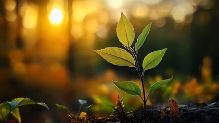  A young plant emerges from the earth amidst a forest of grass, as the sun sets