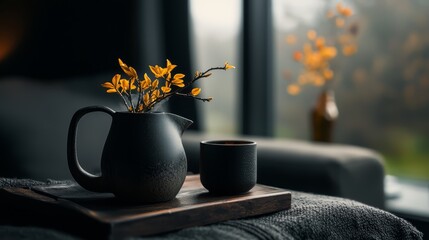 Sticker -  Two cups on a table, one next to a vase with yellow flowers