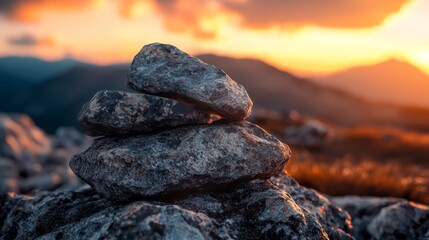 Wall Mural -  A rock pile atop a mountain, under cloudy skies, with setting sun