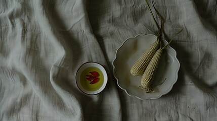 Sticker -   A bowl of corn and a small bowl of oil sit on a white tablecloth, set against a pristine white backdrop