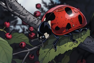 Wall Mural -  A ladybug perches on a verdant leaf near a tree laden with red-berried branches