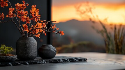 Canvas Print -  Two vases atop a table One holds a planted vessel