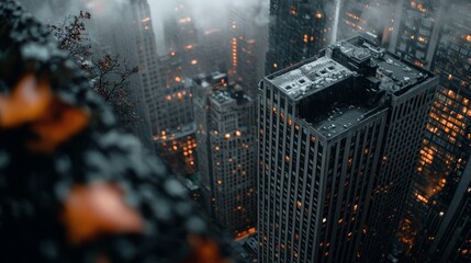 Wall Mural -  A panoramic cityscape at night, viewed from a tall building's peak amidst foggy urban surroundings