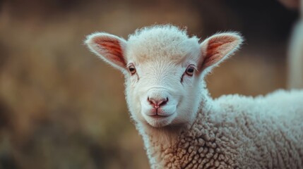 Wall Mural -  A sheep's face in sharp focus with a softly blurred background, hinting at a distant field