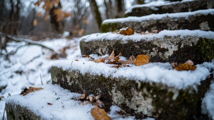 Wall Mural -  A mound of rocks concealed in snow, with a solitary leaf-topped branch atop, and a tree trunk discernible behind