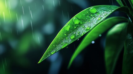 Wall Mural -  A tight shot of a moist green leaf dotted with water droplets, accompanied by a green plant in the near foreground