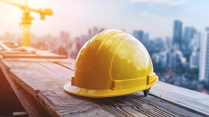 Close-up of a yellow safety helmet on a rustic wooden surface, with the construction site in the distance, showcasing workers and machinery in action, highlighting the importance of protective gear