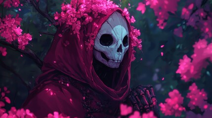 Wall Mural -  A skeleton, dressed in a red hood, wields a knife in front of a tree adorned with pink flowers