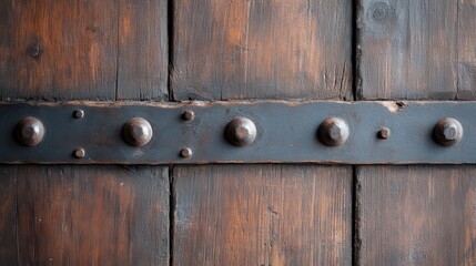 An intricate detailed view of a wooden door featuring large metal studs, highlighting the blend of rustic and sturdy design elements in historical architecture.