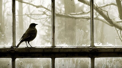 Canvas Print -   A monochrome image of a bird perched on a windowsill against a backdrop of frosted trees