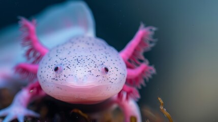  A pink and white animal with black facial dots and a black-spotted tail against a blue backdrop ..Or, if you prefer,