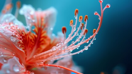 Wall Mural -  A tight shot of a pink bloom with water beads on its stamen against a blue backdrop