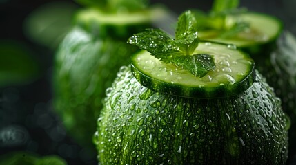 Wall Mural -  Close-up of a cucumber with water droplets and a green leaf atop