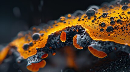  A tight shot of a yellow-and-black substance, adorned with water droplets on its surface