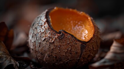 Wall Mural -  A rotten orange atop a mound of leaves against a ground colored with green and brown leaves