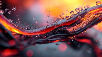 Poster -  A tight shot of water bubbles against a red-black backdrop, illuminated by yellow and orange light from behind