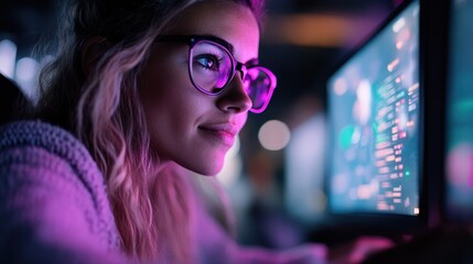 The image shows a person working on a computer with coding on the screen in a dimly lit room, suggesting focus on programming or software development at night.