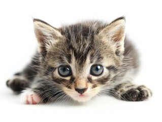 Playful kitten exploring a white background