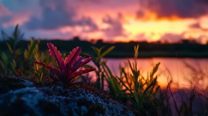  A plant emerges from the earth beside a serene body of water during sunset Clouds scatter the sky above