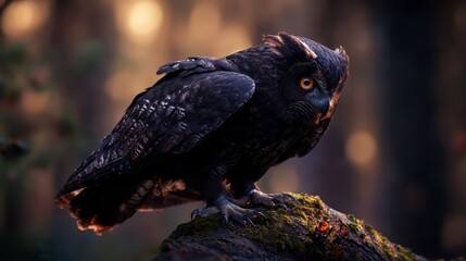 Poster -  A large black bird perches atop a moss-covered tree branch, nestled amidst numerous trees in the forest backdrop