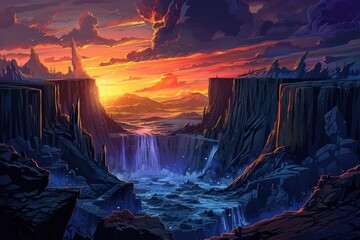 Wall Mural - Mystical canyon landscape with waterfalls and vibrant sunset