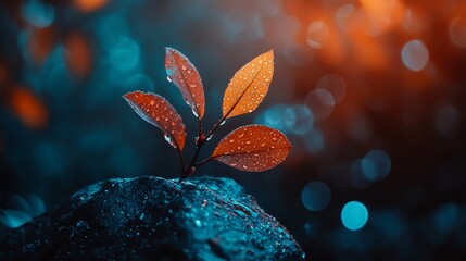 Wall Mural -  A tight shot of a plant perched atop a rock, with dewdrops glistening on its leaves, and indistinct lights softening the background