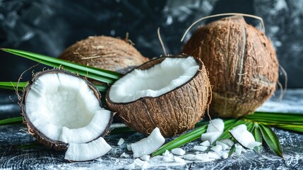 Wall Mural -   A couple of coconuts rest atop a table, surrounded by green foliage and a bowl of coconut oil