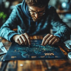 Aufkleber - A man is writing on a map with a pen