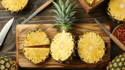 Sticker -   A pineapple cut in two sits on a cutting board with a knife and fruit bowl