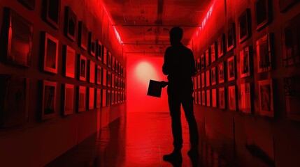 Silhouette of a Man Viewing Art in a Red-Lit Gallery