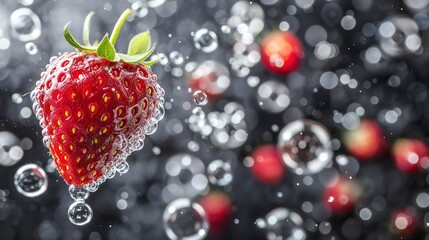 Sticker -   A strawberry's close-up in water on black with surrounding droplets