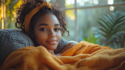 Wall Mural - A woman with curly hair is laying on a bed with a yellow blanket