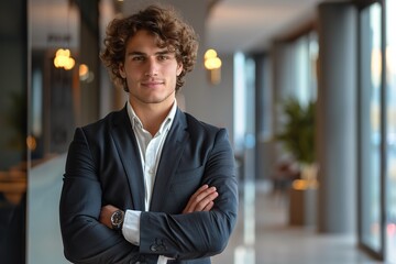 Wall Mural - Young businessman in business suit standing on blurred office background