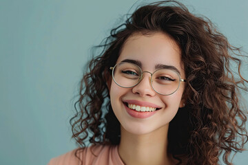 Wall Mural - Cute attractive woman in eyeglasses on grey background