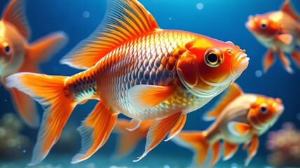 Wall Mural - Vibrant goldfish swimming gracefully in a blue, bokeh-filled background, highlighting the beauty and tranquility of aquatic life. The colorful scene captures the essence of underwater serenity. 