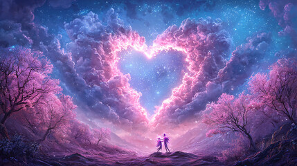 Wall Mural - A couple is standing in a field of purple trees, with a heart-shaped cloud in the sky above them.